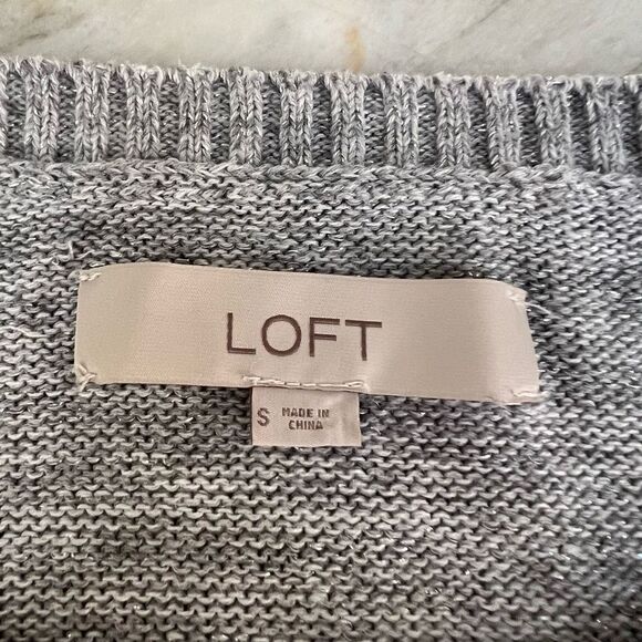 LOFT Sweater Pale Gray Silver Sparkle Bell Sleeve Thin Knit Raglan cotton size S - Picture 4 of 7